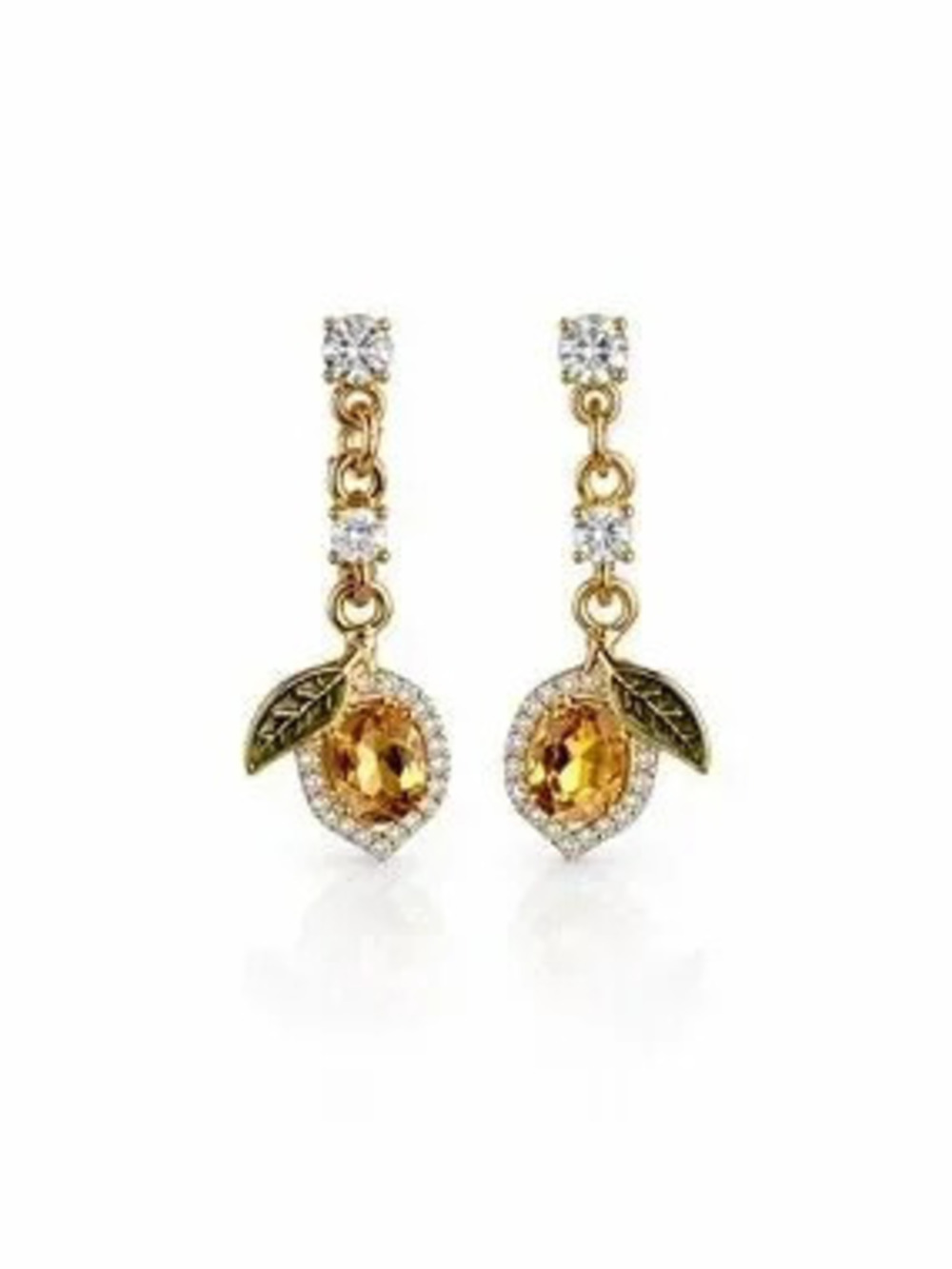 Gold Drop Earrings with Amber Crystal and Green Leaf
